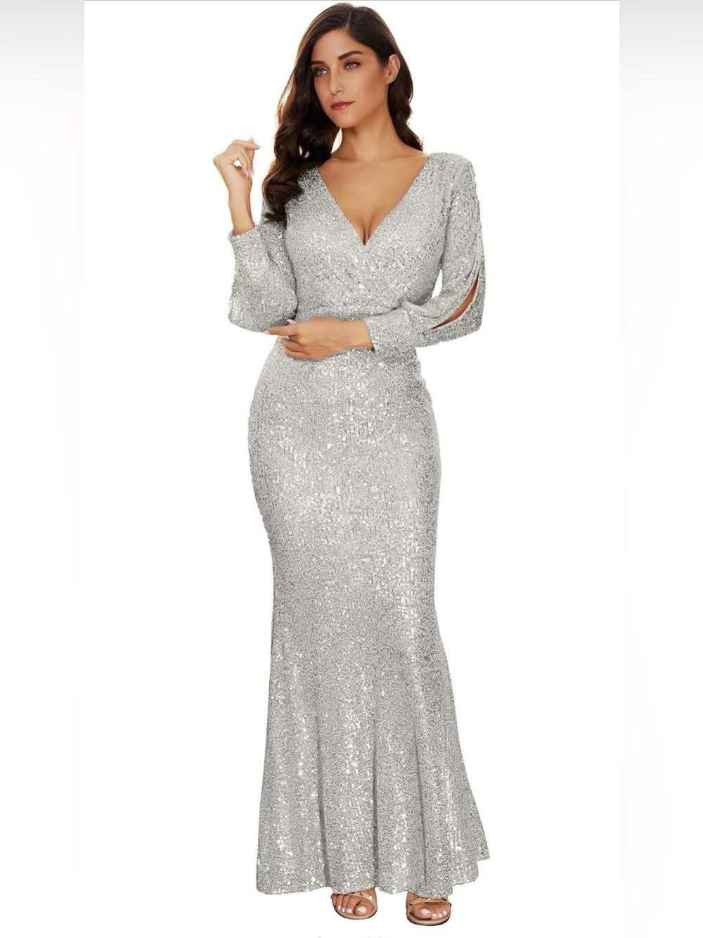 Meilun Silver Sequin Mermaid Formal Gown Long Sleeve XL US 8-10 NWOT Vegas